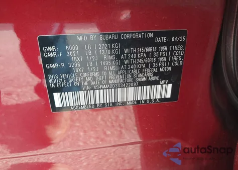 2025 Subaru Ascent Premium 7-Passenger z USA, uszkodzony, nr VIN 4S4WMADD3S3422097